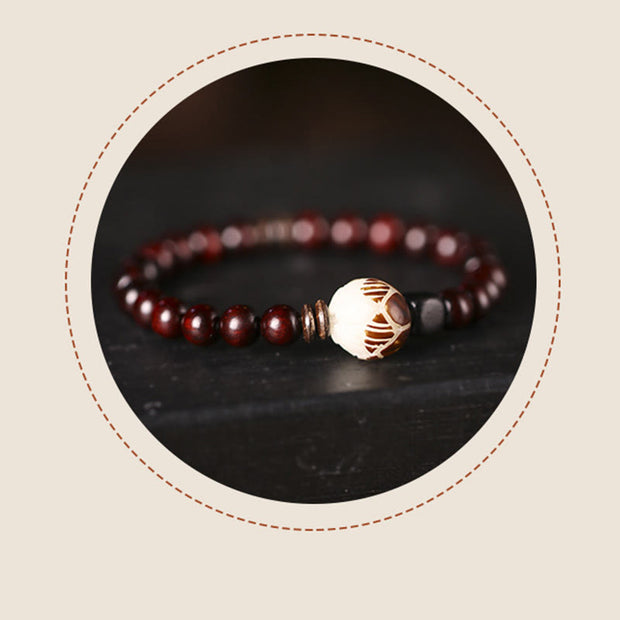 Buddha Stones Small Leaf Red Sandalwood Lotus Bodhi Seed Carved Protection Double Wrap Bracelet Bracelet BS 11