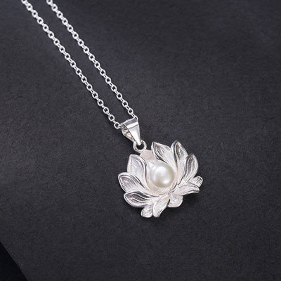 Buddha Stones 925 Sterling Silver Lotus Flower Pearl Wealth Necklace Pendant Necklaces & Pendants BS Pearl (Happiness ♥ Calm)
