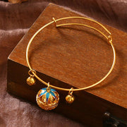Buddha Stones Retro Lotus Flower Wealth Bells Charm Adjustable Cuff Bracelet Bangle