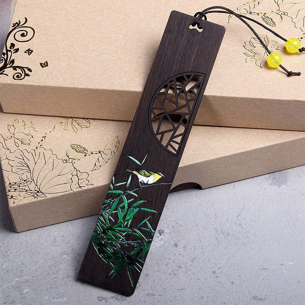 Buddha Stones Green Lotus Bamboo Oriole Ebony Wood Bookmarks With Gift Box Bookmarks BS Oriole Bird-1