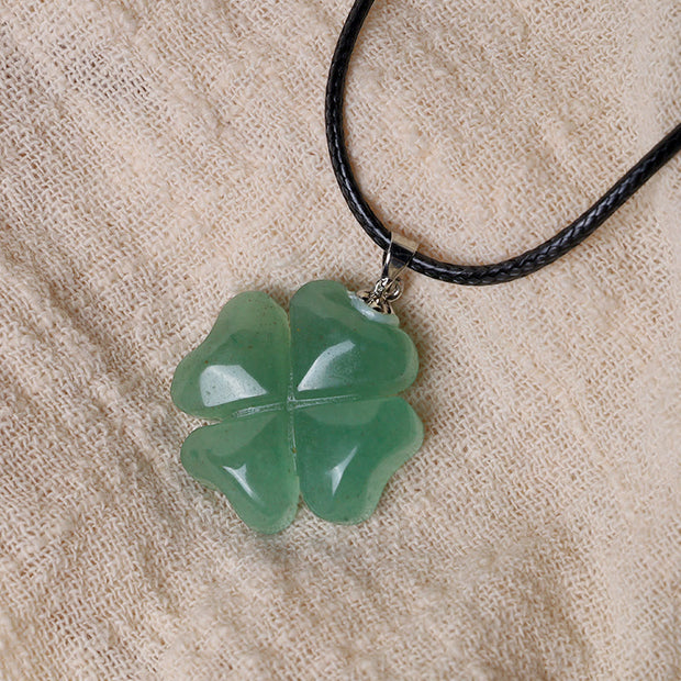 Buddha Stones 925 Sterling Silver Green Aventurine Four Leaf Clover Luck Leather Rope Necklace Pendant