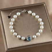 Buddha Stones 925 Sterling Silver Pearl Blue Chalcedony Healing Chain Bracelet Ring Bracelet BS 2
