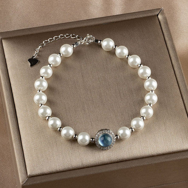 Buddha Stones 925 Sterling Silver Pearl Blue Chalcedony Healing Chain Bracelet Ring