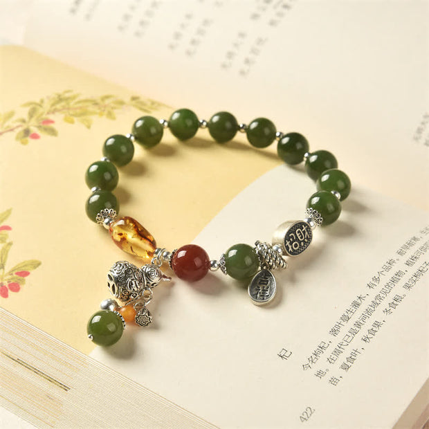 Buddha Stones 925 Sterling Silver Hetian Cyan Jade Gourd Amber Success Bracelet Bracelet BS 3