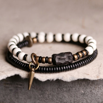 Buddha Stones Yak Bone Ebony Wood Copper Strength Couple Bracelet Bracelet BS 18cm
