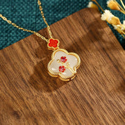 Buddha Stones 24K Gold Plated White Jade Four Leaf Clover Plum Blossom Luck Necklace Pendant Earrings Necklaces & Pendants BS 1