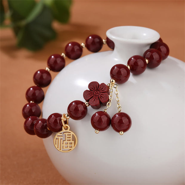 Buddha Stones Cinnabar Fu Character Cherry Blossom Blessing Bracelet