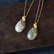 Buddha Stones Jade Peacock Copper Prosperity Necklace Pendant