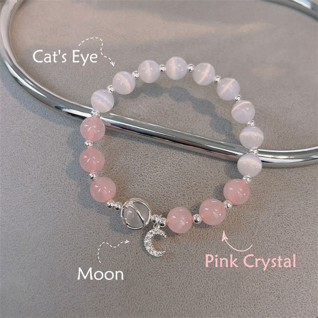 Buddha Stones Natural Cat's Eye Pink Crystal Moon Love Charm Bracelet Bracelet BS 4