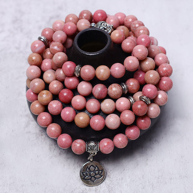 Buddha Stones Lotus Crystal Stone 108 Beads Mala Bracelet (Extra 30% Off | USE CODE: FS30) Mala Bracelet BS Rhodonite