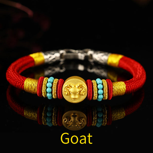Buddha Stones 999 Gold Chinese Zodiac Om Mani Padme Hum King Kong Knot Protection Handcrafted Bracelet Bracelet BS Goat 19cm