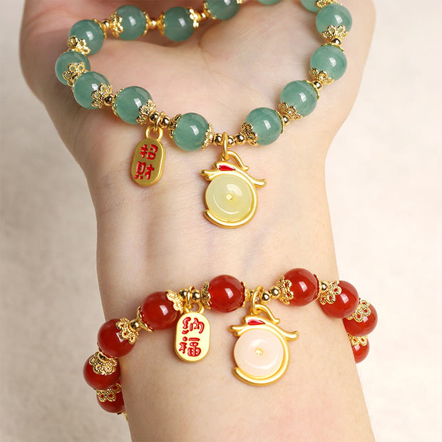 Buddha Stones Year of the Dragon Red Agate Green Aventurine Peace Buckle Fu Character Lucky Fortune Bracelet Bracelet BS 11