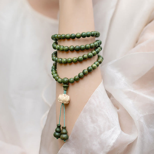 Buddha Stones 108 Mala Beads Green Sandalwood Boxwood Lotus Positive Bracelet
