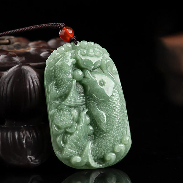 Buddha Stones Natural Jade Koi Fish Lotus Wealth Prosperity Necklace Pendant Necklaces & Pendants BS 4