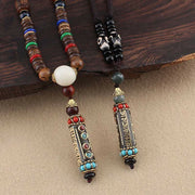 Buddha Stones Tibetan Om Mani Padme Hum Dzi Bead Wenge Wood Necklace Pendant Necklaces & Pendants BS 2