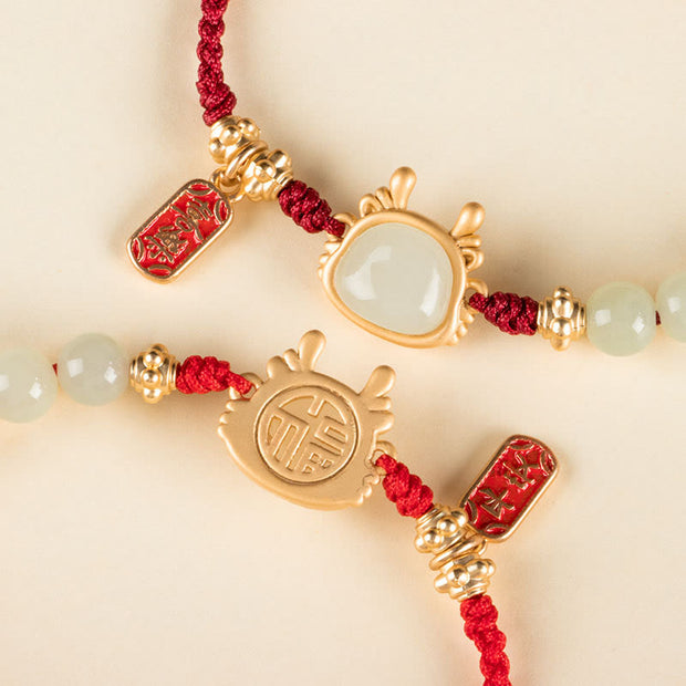 Buddha Stones Year of the Dragon Hetian White Jade Fu Character Peace And Joy Protection Bracelet Bracelet BS 6