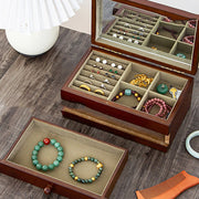 Buddha Stones Vintage Solid Wood Jewelry Box Flower Carved Jewelry Storage Box With Mirror