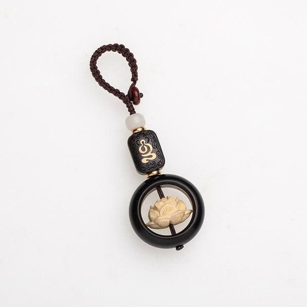 Buddha Stones Ebony Wood Bodhi Seed Boxwood Lotus Enlightenment Key Chain Decoration Key Chain BS 14
