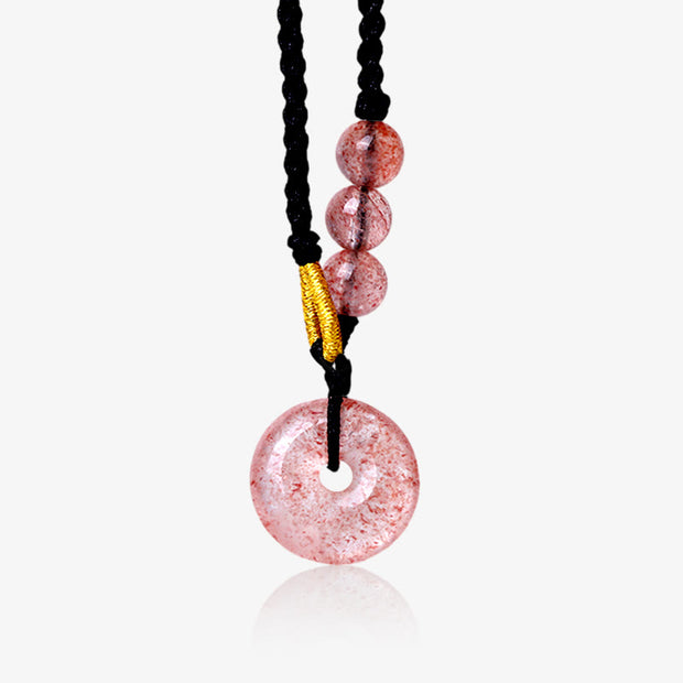 Buddha Stones Strawberry Quartz Chalcedony Peace Buckle Healing Necklace Pendant