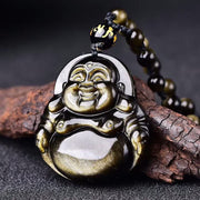 Buddha Stones Laughing Buddha Gold Sheen Obsidian Wealth Necklace Pendant Necklaces & Pendants BS Gold Sheen Obsidian Bead