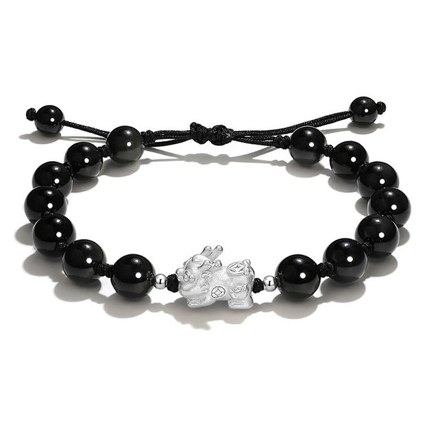 Buddha Stones Natural Black Obsidian Cat's Eye Pink Crystal PiXiu Strength Bracelet Bracelet BS 1