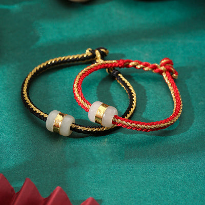 Buddha Stones 999 Gold Hetian White Jade Om Mani Padme Hum Fu Character Luck Braided Bracelet Bracelet BS main