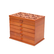Buddha Stones Large Capacity Vintage Flowers Carved Wooden Jewelry Box Six-Layer Jewelry Storage Box