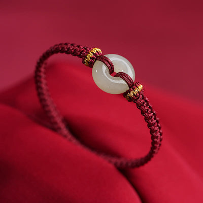 Buddha Stones Peace Buckle Jade Abundance Braided Bracelet Bracelet BS Dark Red(Wrist Circumference 14-20cm)