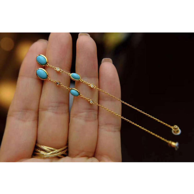 Buddha Stones Retro Turquoise Bead Protection Drop Long Tassel Earrings Earrings BS 10
