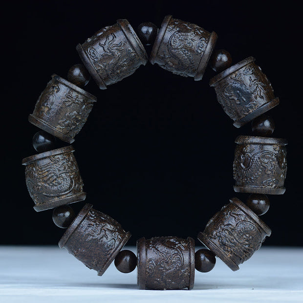 Buddha Stones Ebony Wood Eighteen Arhats Lotus Dragon Engraved Balance Bracelet Bracelet BS 20mm*9 Beads(Dragon)