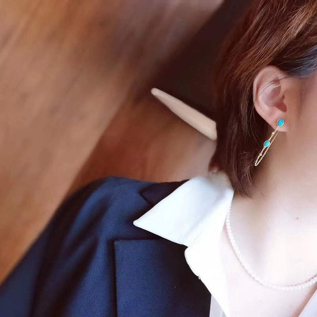 Buddha Stones Retro Turquoise Bead Protection Drop Long Tassel Earrings Earrings BS 9