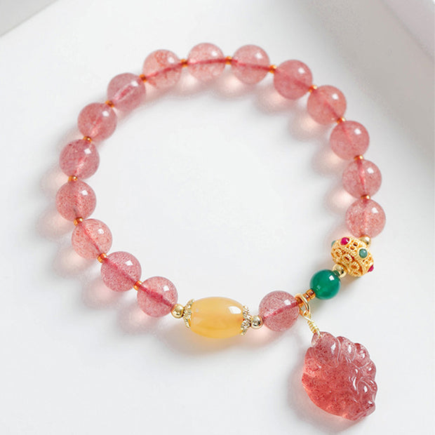 Buddha Stones Natural Strawberry Quartz Nine-Tailed Fox Healing Bracelet Bracelet BS 1