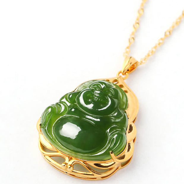 Buddha Stones 925 Sterling Silver Natural Hetian Cyan Jade Laughing Buddha 18K Gold Healing Necklace Chain Pendant Necklaces & Pendants BS 11