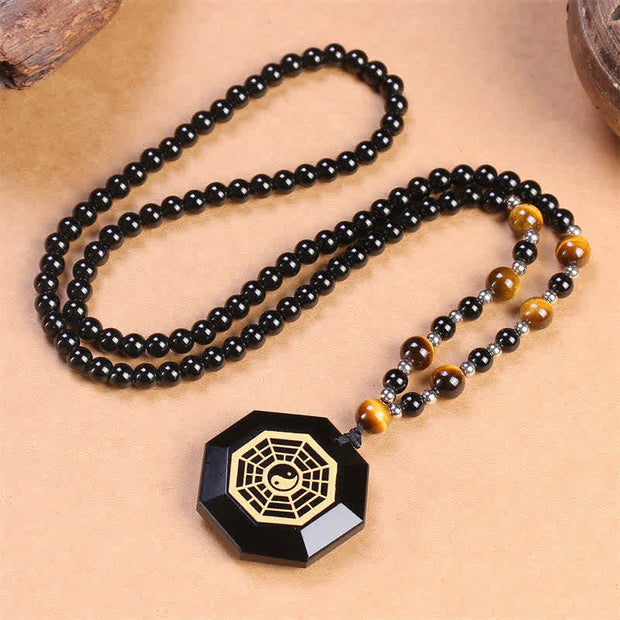 Buddha Stones Bagua Yin Yang Black Obsidian Purification Beaded Necklace Pendant Necklaces & Pendants BS 4