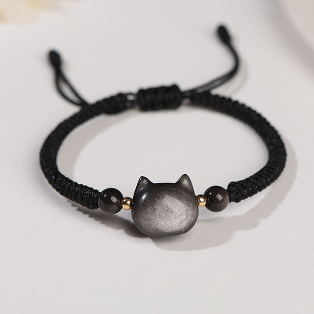 Buddha Stones Handmade Natural Silver Sheen Obsidian Strawberry Quartz Cute Cat Protection Braided Bracelet Bracelet BS Silver Sheen Obsidian(Communication♥Soothing) Lovely Cat