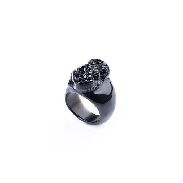 Buddha Stones FengShui PiXiu Black Obsidian Strength Ring Ring BS 6