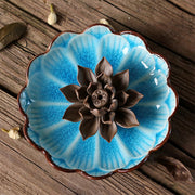 Buddha Stones Lotus Pattern Healing Ceramic Incense Burner Decoration Incense Burner BS Lotus Blue Clay Flower
