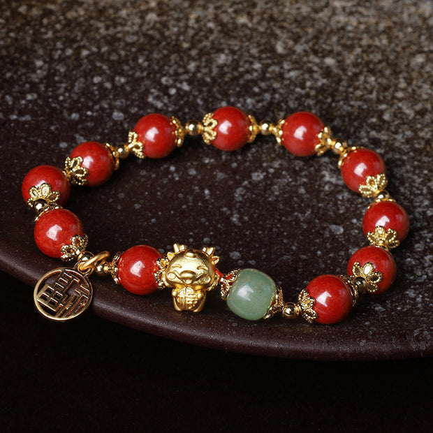 Buddha Stones Year of the Dragon Natural Cinnabar Fu Character Charm Blessing Bracelet Bracelet BS 5