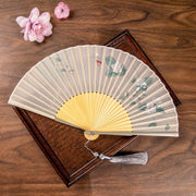 Buddha Stones Jasmine Lotus Begonia Flowers Handheld Silk Bamboo Folding Fan