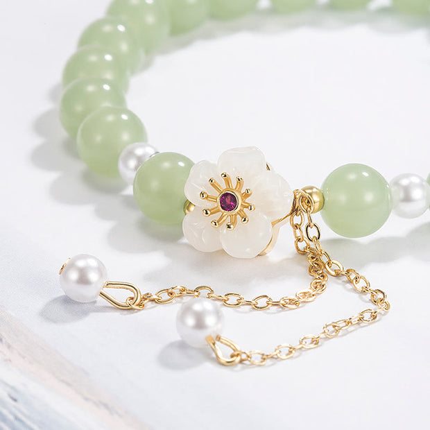 Buddha Stones Jade Peach Blossom Flower Pearl Luck Blessing Bracelet Bracelet BS 3