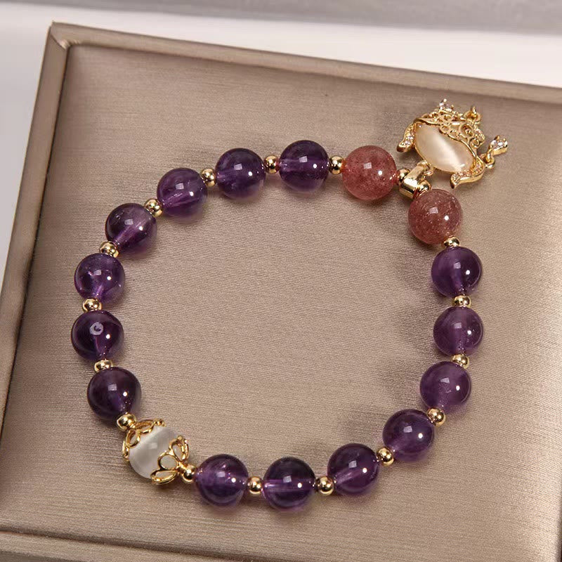 Buddha Stones Natural Amethyst Strawberry Quartz Cat Eye Chinese