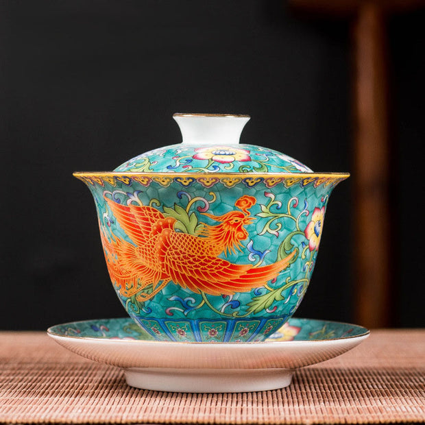 Buddha Stones Dragon Phoenix Flower Design Ceramic Gaiwan Sancai Teacup Kung Fu Tea Cup And Saucer With Lid