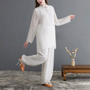 Buddha Stones 2Pcs Tai Chi Meditation Yoga Zen Spiritual Cotton Linen Clothing Top Pants Women's Set