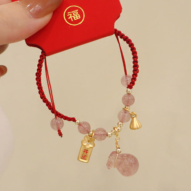 Buddha Stones Natural Strawberry Quartz Money Bag Lotus Healing Charm Red String Braided Bracelet Bracelet BS 3