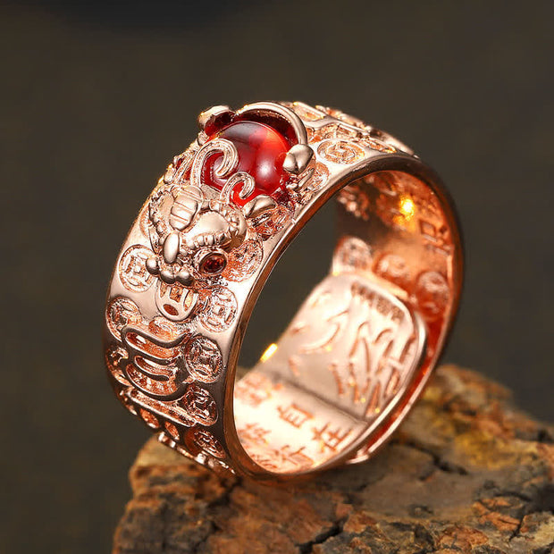 Buddha Stones FengShui PiXiu Red Garnet Heart Sutra Wealth Ring Ring BS Rose Gold