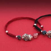 Buddha Stones 999 Sterling Silver PiXiu Strawberry Quartz Bead Wealth Luck Braided Bracelet Bracelet BS 3