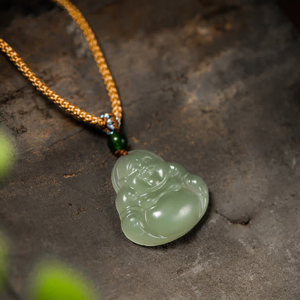 Buddha Stones Laughing Buddha Jade Lotus Prosperity String Necklace Pendant Necklaces & Pendants BS Jade