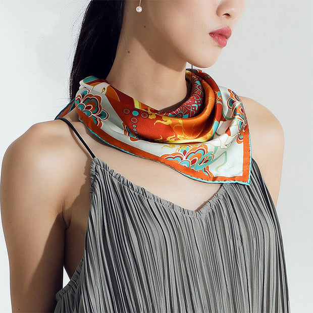 Buddha Stones Dunhuang Nine-Colored Deer 100% Mulberry Silk Scarf Premium Grade 6A Silk Small Square Scarf