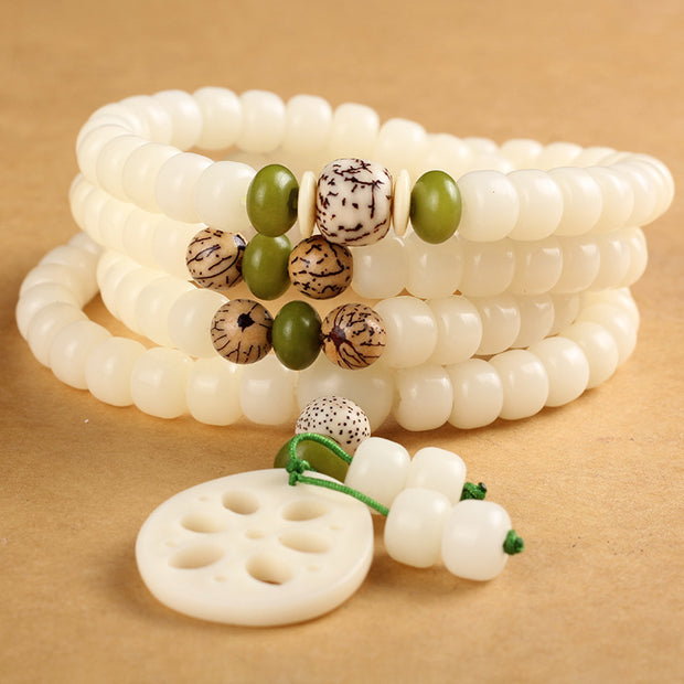 Buddha Stones White Bodhi Seed Mala 108 Beads Luck Bracelet Bracelet BS 1