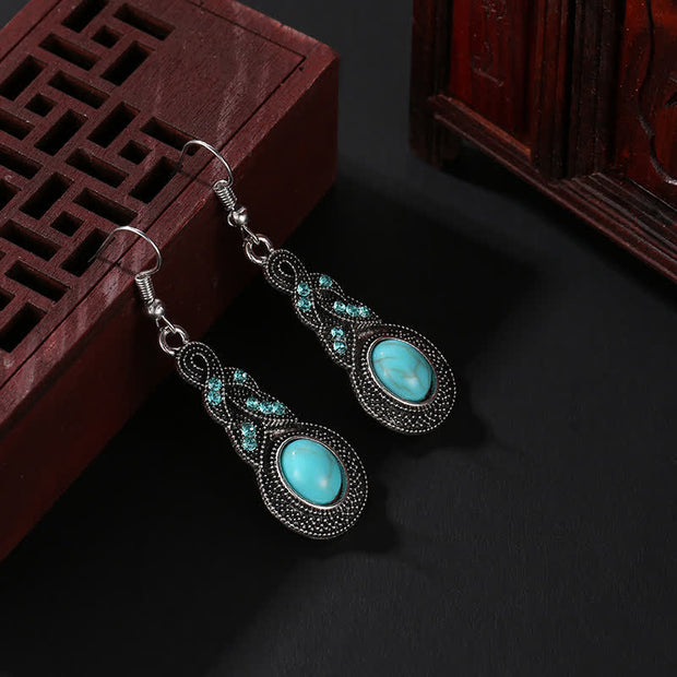 Buddha Stones Vintage Blue Rhinestones Inlaid Turquoise Stone Love Dangle Earrings Necklace Earrings BS 4